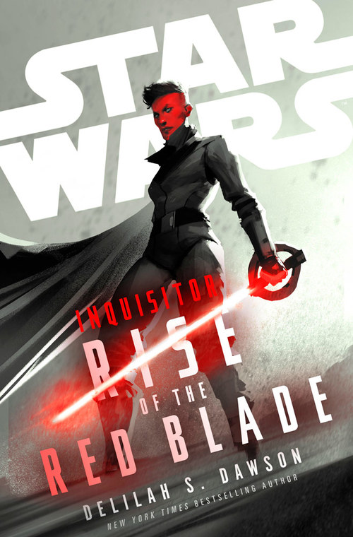 The cover of the book Inquisitor: Rise of the Red Blade, with a red alien wearing all black holding a crimson blade