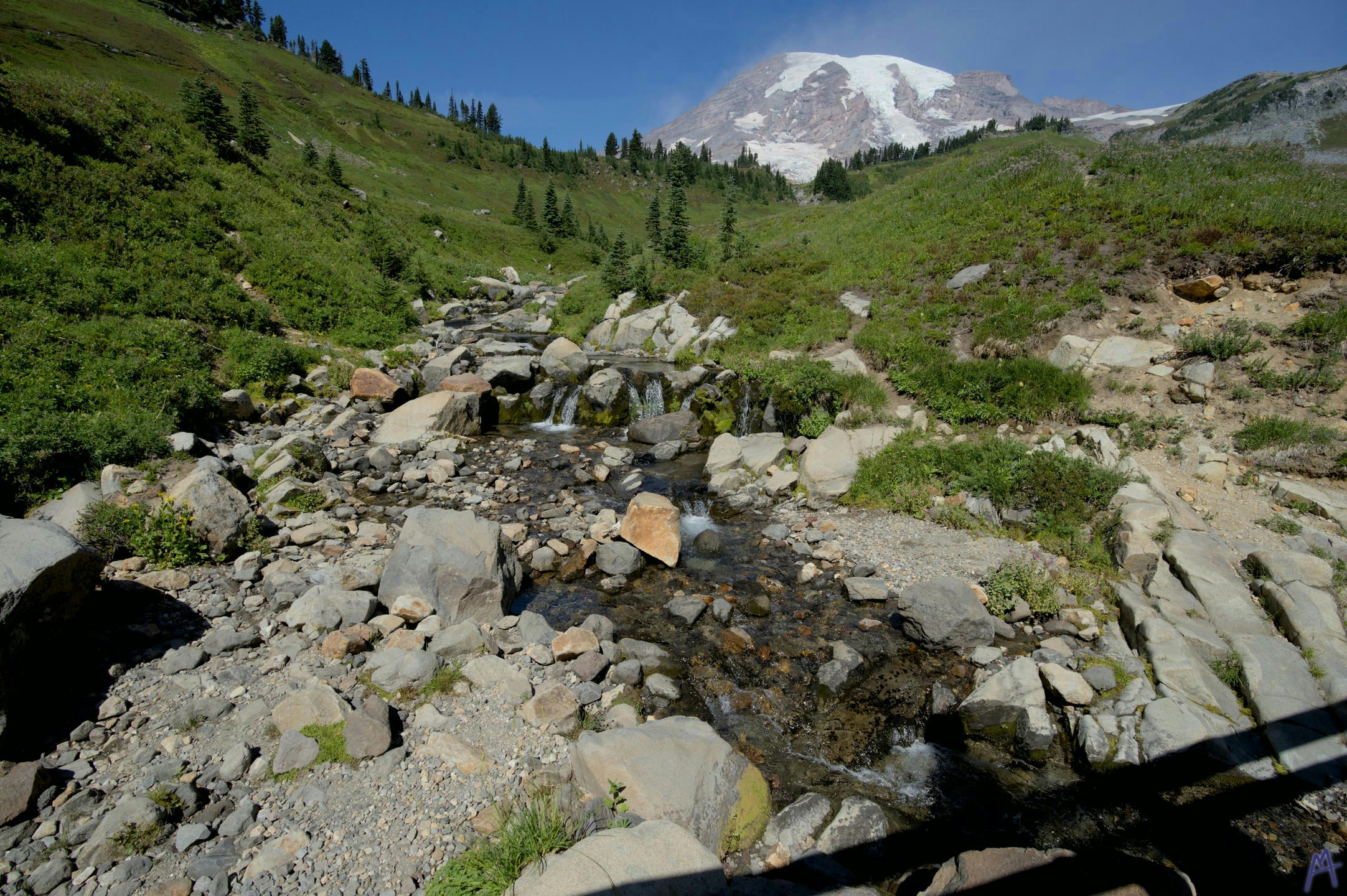 Small creek with rocks near hills at Rainier